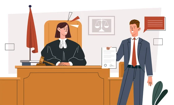 Avocat Avec Certificat Dans Concept Tribunal Femme Robe Juge Homme — Image vectorielle