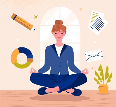 İş kadını meditasyon yapıyor. Takım elbiseli genç girişimci, çizimler ve kalemlerin yanında lotus pozisyonunda oturuyor. Zaman yönetimi ve verimli iş akışının organizasyonu. Çizgi film düz vektör çizimi