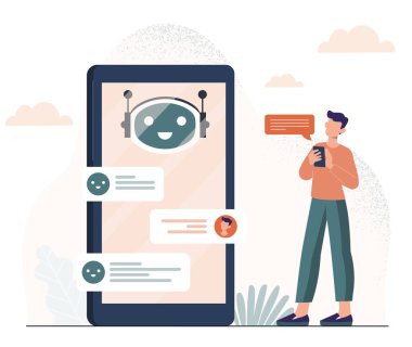 Sohbet robotu olan adam. Koca akıllı telefonun yanında duran genç adam. Yapay zeka ve makine öğrenimi. Soruları cevaplıyorum. Müvekkil ile sohbet ve diyalog. Çizgi film düz vektör çizimi