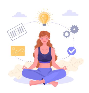 Lotus pozisyonundaki yaratıcı kadın konsepti. Genç kız başının üstünde ampulle meditasyon yapıyor. Sanat ve yaratıcılık. Akıl sağlığı, psikoloji ve farkındalık. Çizgi film düz vektör çizimi