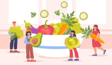 Sebze konsepti olan insanlar. Sağlıklı beslenme ve vejetaryen diyeti, vitaminli düzgün beslenme. Lahana, brokoli, havuç ve avokado, marul. Çizgi film düz vektör çizimi