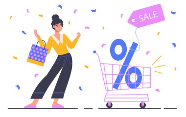 Satış vektörü konsepti olan kadın. Paketi olan genç bir kız ilgiyle el arabasının yanında duruyor. Özel teklif, indirimler ve terfiler. İnternet pazarlama ve elektronik ticaret. Çizgi film düz çizimi