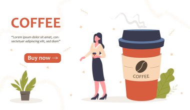 Kahve iniş sayfası konsepti olan kadın. Büyük kahve fincanının yanında genç bir kız. Espresso, americano, latte ve kapuçino. Web sitesi için reklam afişi ya da afişi. Çizgi film düz vektör çizimi