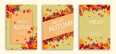 Sonbahar indirimi posterleri. Web sitesi için grafik elementlerin toplanması. İndirim, terfi, özel teklif ve sadakat programı. Bej arkaplanda izole edilmiş çizgi film düz vektör çizimleri