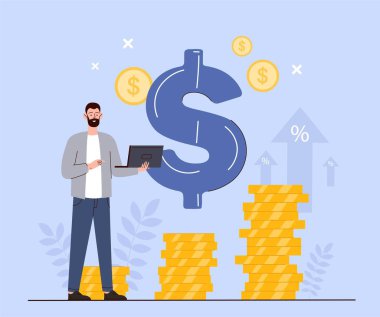 - Paranın değeri. Genç adam dolar işaretinin arka planında altın para yığınlarının yanında duruyor. Finansal okuryazarlık ve ekonomi. Yatırım ve ticaret konsepti. Çizgi film düz vektör çizimi