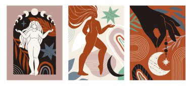 Esrarengiz posterler. Boho tarzında kutsal bir tanrıça. Kadın meditasyonu ve zen 'i iyileştiren soyut mitolojik pankartlar. Tarot, Reiki ve maneviyat kavramı. Çizgi film düz vektör çizimleri