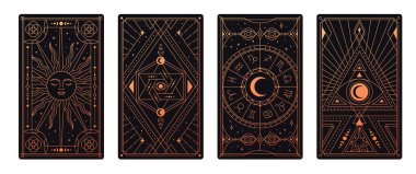 Ezoterik tarot kartı seti. Kehanet ve kader kehaneti için sihirli poster. Astroloji ve kader ile Geometrik kutsal baskı. Esrarengiz mistik sembol ve doğum çizelgesi. Çizgi film düz vektör çizimi