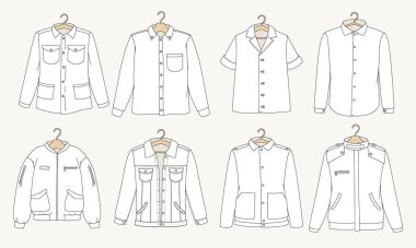 Beyaz gömlekler ve ceketler. Erkekler ve kadınlar için şık üniformalar. Düğmeleri, cepleri, uzun ve kısa kolları olan modaya uygun pamuk ve kot yelekleri. Beyaz arkaplanda izole edilmiş doğrusal düz vektör