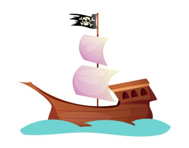 Korsan renk simgesi. Siyah bayraklı ahşap deniz gemisi ve kemikli kafatası veya Jolly Roger. Beyaz yelkenli bir soygun gemisi suda yüzüyor. Çizgi film düz vektör çizimi beyaz arkaplanda izole edildi