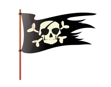 Korsan renk simgesi. Kemik, kafatası ve iskeleti olan siyah yırtık bir bayrak. Jolly Roger sembollü bir deniz gemisi. İnternet ve uygulama etiketi. Çizgi film düz vektör çizimi beyaz arkaplanda izole edildi