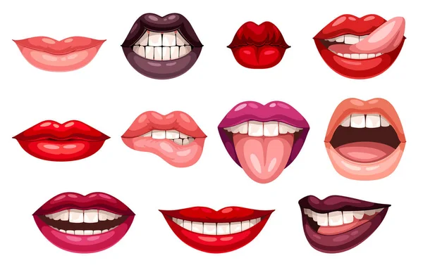 塗られた唇セット さまざまな感情で赤い口紅を口に入れた女性は 舌で唇を微笑み キスし ライセンスします 白い背景で隔離された漫画の現実的な平らなベクターのコレクション — ストックベクタ
