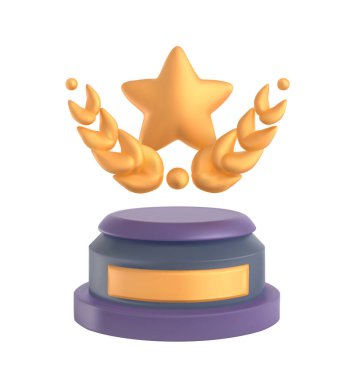 Altın ödül ikonu. Online oyundaki başarıları için altın yıldız ve çelenkle ödüllendirildi. Kazananlar için üç boyutlu ödül. 3d vektör illüstrasyonu beyaz arkaplanda izole edildi