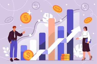 İş geliştirme ve büyüme. İş adamı strateji belirler, performansı artırır, geleceğe yatırım yapar ve hedeflere ulaşır. Grafik ve yukarı ok olan karakterler takımı. Çizgi film düz vektör çizimi