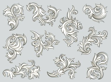 Barok çıkartmaları seti. Zarif spiral süslemeli ve desenli grafiksel tasarım elementleri. Duvar kağıtları için rokoko tarzında yuvarlak simgeler. Beyaz arkaplanda izole edilmiş doğrusal düz vektör koleksiyonu