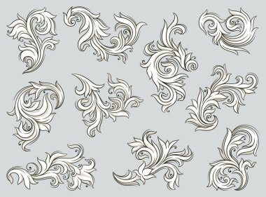 Baroque stickers set. Graphic design elements with elegant spiral ornaments and pattern. Rounded icons in rococo style for wallpapers. Linear flat vector collection isolated on white background clipart