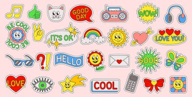 Güzel retro çıkartmalar. Kalbi, güneşi, kedisi, kelebeği ve işaretleri olan renkli vintage ikonlar. Uygulamalar ve sosyal medya için 90 'ların pop sanatında rozetler. Çizgi film düz vektörü beyaz arkaplanda izole edildi