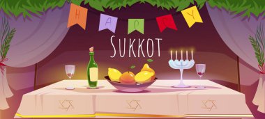 Yahudi bayramı mutlu Sukkot. Geleneksel iç mekanı, masası, şarabı ve meyveleri olan bir poster. Arava ve Lulav 'la İsrail hashanah kutlamaları. Çizgi film düz vektör çizimi