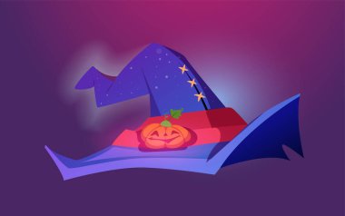 Sihirli cadı şapkası. Yaşlı büyücünün mavi tüyler ürpertici şapkası ve Balkabağı Jack sembollü büyücü. Cadılar Bayramı fantezi kostümü için başlık. Çizgi film düz vektör çizimi koyu arkaplanda izole edildi