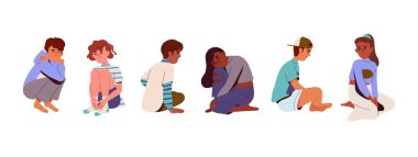 Gençler üzgün bir şekilde oturuyor. Genç karakter zihinsel bozukluk, kaygı ve yalnızlıktan muzdarip. Çocuklar hayal kırıklığına uğramış ve üzgün. Çizgi film düz vektör koleksiyonu beyaz arkaplanda izole edildi