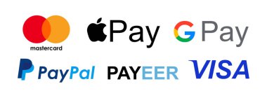 Google Pay, Apple Pay, Mastercard, PayPal, Payeer simgeleri kağıda basıldı. Basit bir vektör. Web sitesi tasarımı, pazarlama ve mobil uygulama için simge. Vektör seti beyaz arkaplanda izole edildi.