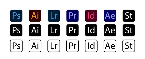 Conjunto Iconos Logos Vectores Adobe Photoshop Illustrator Effects Indesign Acrobat — Vector de stock