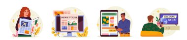 İnsanlar haberleri okuyor. Karakterler internet kitle iletişim araçlarını telefon ve bilgisayar üzerinden tarıyor, televizyon izliyor ve gazete okuyor. Çizgi film düz vektör koleksiyonu beyaz arkaplanda izole edildi