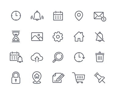 Taslak uygulama simgeleri ayarlandı. Notları ve ayarları, galerisi ve postası, takvimi ve yeri olan çizgi sanat çıkartmaları. Ev ekranını ve menüyü ara. Beyaz arkaplanda izole edilmiş doğrusal düz vektör koleksiyonu