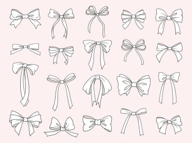 Set of bows. Outline icons with elegant ribbons and ties. Stickers with symbol wedding celebration and birthday party decorations in hand drawn style. Cartoon flat vector isolated on white background clipart