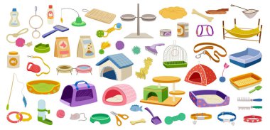 Evcil hayvan malzemeleri hazır. Veterinerlik malzemeleri yiyecek ve kaseler, oyuncaklar, kafesler, tepsiler, yataklar ve tasmalar. Kediler ve köpekler, balıklar ve kuşlar için evcil hayvan bakımı. Çizgi film düz vektör koleksiyonu beyaz arkaplanda izole edildi