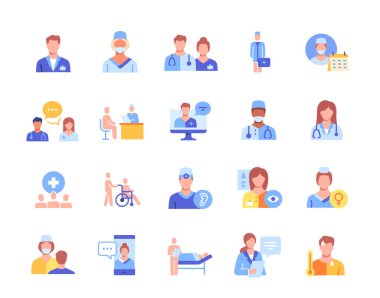 Sağlık çalışanları hazır. Cerrahlar ve optometristler, doktorlar ve hemşireler, doktorlar ve terapistler olan renkli ikonlar. Hastane, sağlık ve ilaç. Çizgi film düz vektörü beyaz arkaplanda izole edildi