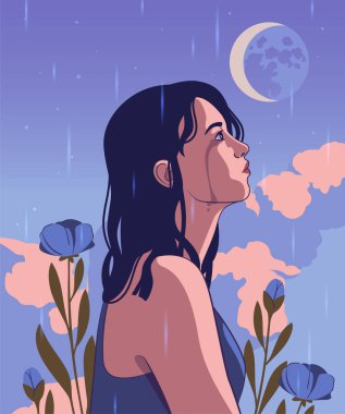 Üzgün kız ağlıyor. Üzgün kız yağmur akşamında oturur. Duyarsızlık, depresyon ve yalnızlık kavramı. Mahvolmuş kadın karakterin ruhsal sorunları ve melankolisi var. Çizgi film düz vektör çizimi
