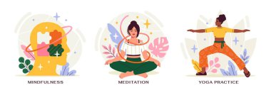 Akıl sağlığı. Yoga, meditasyon ve zihinsel doygunlukla dolu. Lotus ve savaşçı pozisyonunda sakin kadın karakterler. Rahatlamış kadınlar stres ve endişeyi atarlar. Çizgi film düz vektör çizimleri