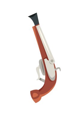 Deniz korsanı konsepti. Üzerinde ahşap silah, tabanca ve silah olan renkli bir çıkartma. Uygulamalar ve web için dekoratif öge. Çizgi film düz vektör çizimi beyaz arkaplanda izole edildi