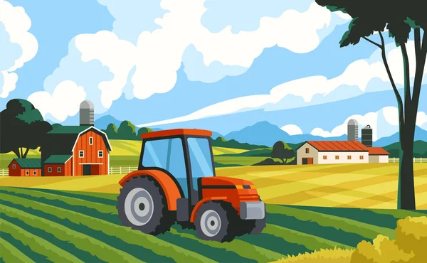 Paisagem Com Fazenda Trator Cenário Rural Outono Com Agricultura Campo — Vetor de Stock