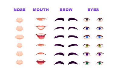 Erkek yüz yapıcı. Yüz duyguları, farklı gözler ve kaşlar, karakter yaratma ve animasyon için ağız ve burun. Çizgi film düz vektör koleksiyonu beyaz arkaplanda izole edildi