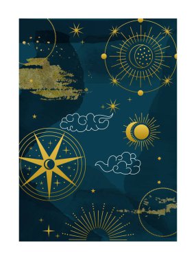 Cover for wedding invitation. Watercolor background with colorful night sky and golden glowing pattern. Abstract design for festive banners, paterns and brochures. Cartoon flat vector illustration clipart