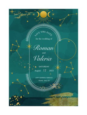 Düğün davetiyesini gizlemek için. Yaldızlı parlak desenli suluboya poster, yıldızlar ve parlayan takımyıldız. El ilanları ve arka planlar için soyut tatil tasarımı. Çizgi film düz vektör çizimi