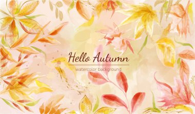 Sonbahar suluboya arka plan. Renkli fırça desenli çiçek posteri. Turuncu ve sarı yapraklı soyut afiş. Tatil davetiyeleri tasarlamak için lüks sanat eserleri. Çizgi film düz vektör çizimi