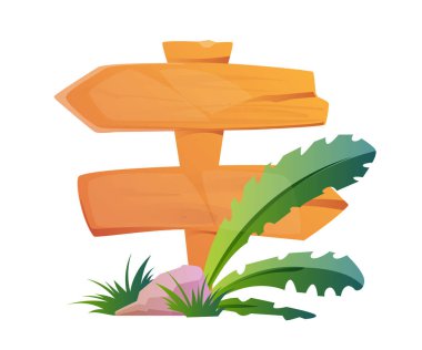 Tahta orman tabelası. Okları, yeşil yaprakları ve sarmaşıkları olan çift tropikal işaretçi. Sosyal medya ve uygulamalar için ahşap yön tabelası. Çizgi film düz vektör çizimi beyaz arkaplanda izole edildi