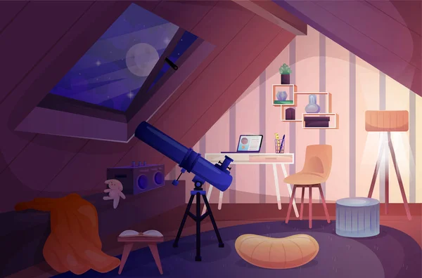 Télescope Dans Chambre Équipement Pour Étude Étoile Espace Des Panettes — Image vectorielle
