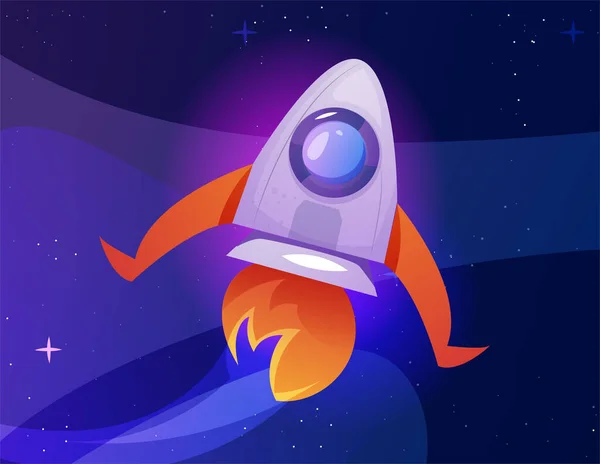 带有星星图标的宇宙飞船 具有恒星的等距现实飞行火箭 幻想宇宙3D元素与宇宙飞船用于游戏用户界面设计 在蓝色背景上孤立的卡通平面矢量图解 — 图库矢量图片