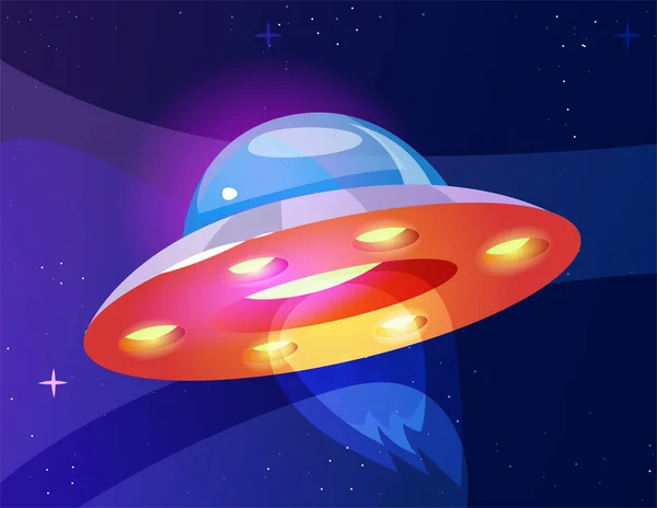 スターアイコン付きの宇宙船 UiゲームデザインのUfoエイリアンとのソーサーとのバッジ イソメトリックリアル3Dスタイルの宇宙のスペース要素 ブルーバックで隔離された漫画フラットベクターイラスト — ストックベクタ