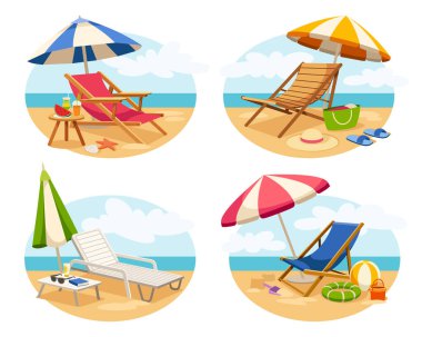 Plaj sandalyeleri hazır. Deniz ya da okyanus kıyısındaki tahta yataklar şemsiyeler, kılıçlar ve can simidiyle güneşlenmek için. Seyahat, tatil ve turizm konsepti. Beyaz arkaplanda çizgi film düz vektör çizimleri
