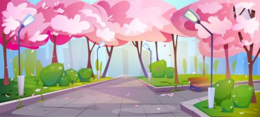 Landscape with sakura. Blooming pink cherry tree flowers in Japanese park. Empty alley for relaxing walk with green grass and falling petals. Romantic spring scenery. Cartoon flat vector illustration clipart