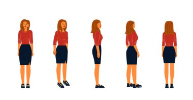 İnşaat işkadını seti. Ofisteki kadın farklı yönlerdeydi. Karakter animasyonları yaratan kadın çalışan. Çizgi film düz vektör koleksiyonu beyaz arkaplanda izole edildi