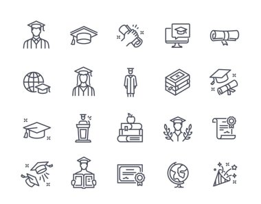 Mezuniyet simgeleri ayarlandı. Kapaklı öğrenci ve ders kitapları, diploma ve sertifikalı, üniversite veya üniversite diplomalı eğitim etiketleri. Beyaz arkaplanda izole edilmiş doğrusal düz vektör koleksiyonu