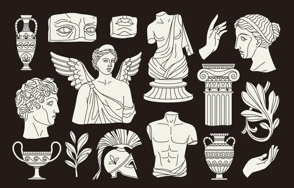 古希腊雕塑集 仿古雕塑 植物和花瓶的线条艺术风格 经典的柱子和奥林匹斯神 纹身设计的流行图标 在黑色背景上孤立的线性平面矢量 — 图库矢量图片