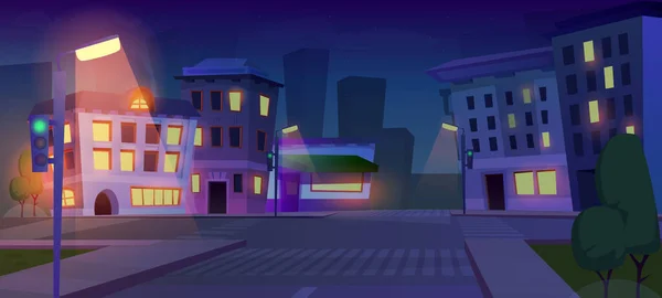 Ночной Городской Пейзаж Панорама Спокойной Жизнью Города Дома Здания Тротуары — стоковый вектор