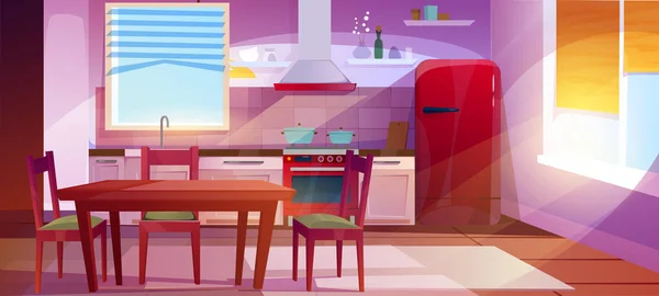有家具的复古厨房 有老式冰箱和烤箱 桌子和椅子 器皿和各种面罩的空厨房 横幅上空荡荡的公寓在阳光下卡通平面矢量插图 — 图库矢量图片