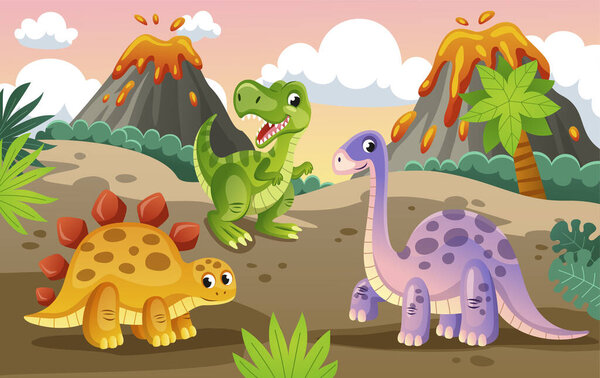 Cute dinosaurs poster. Prehistoric landscape with predators and herbivores, volcano and plants. Nature with brontosaurus, stegosaurus and tyrannosaurus. Cartoon flat vector panoramic illustration